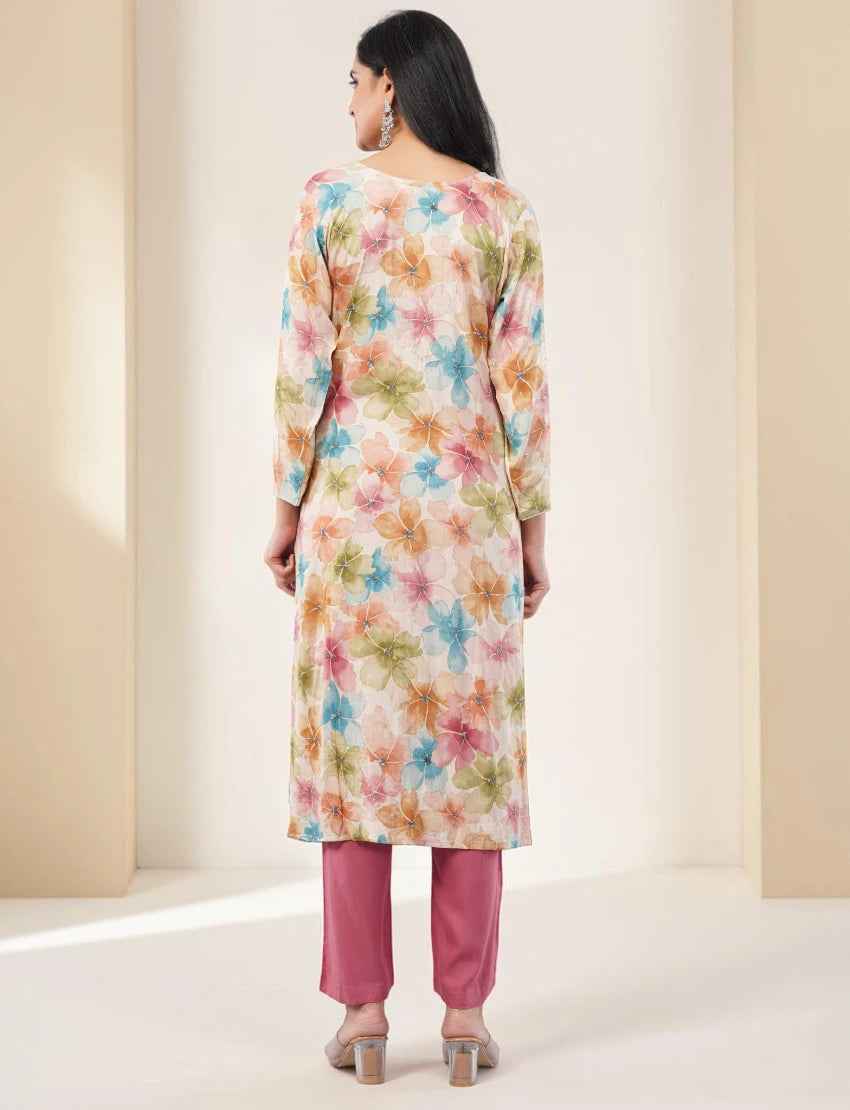 PINK FLORAL PRINT COTTON SALWAR SUIT SET - WATERCOLOR DESIGN