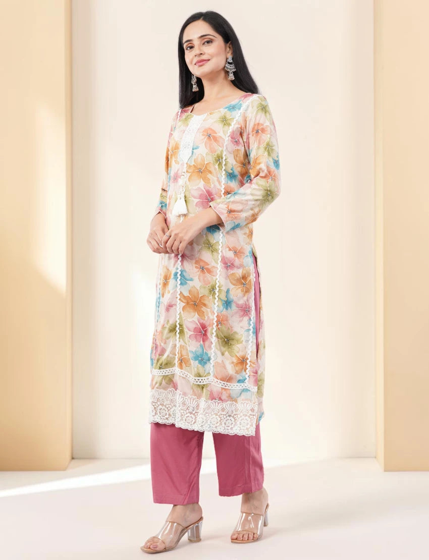 PINK FLORAL PRINT COTTON SALWAR SUIT SET - WATERCOLOR DESIGN