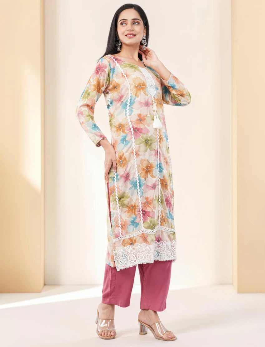 PINK FLORAL PRINT COTTON SALWAR SUIT SET - WATERCOLOR DESIGN