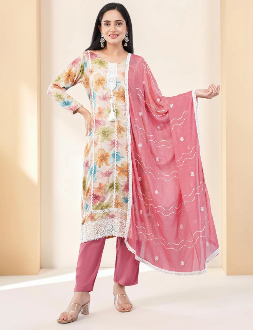 PINK FLORAL PRINT COTTON SALWAR SUIT SET - WATERCOLOR DESIGN