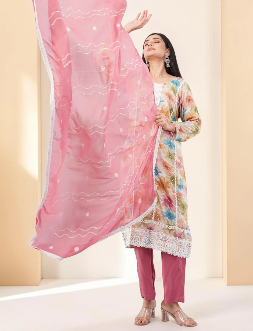 PINK FLORAL PRINT COTTON SALWAR SUIT SET - WATERCOLOR DESIGN