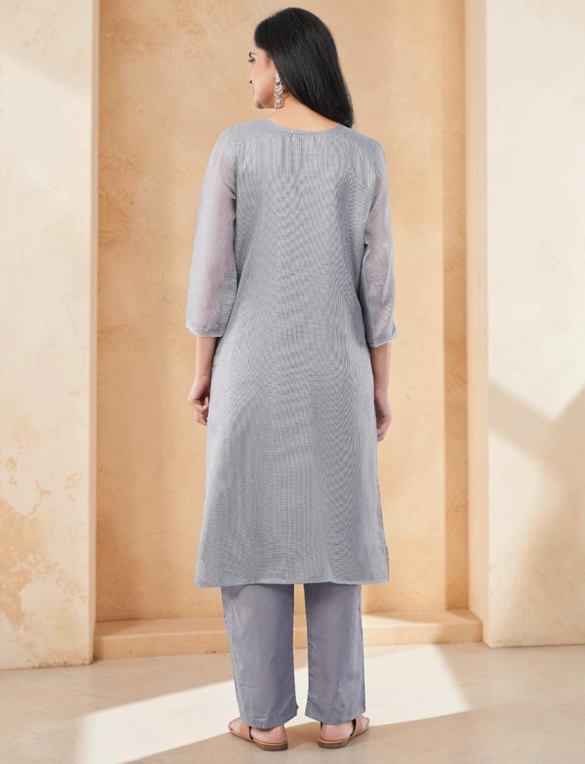 GREY SALWAR SUIT SET WITH FLORAL BORDER DESIGN