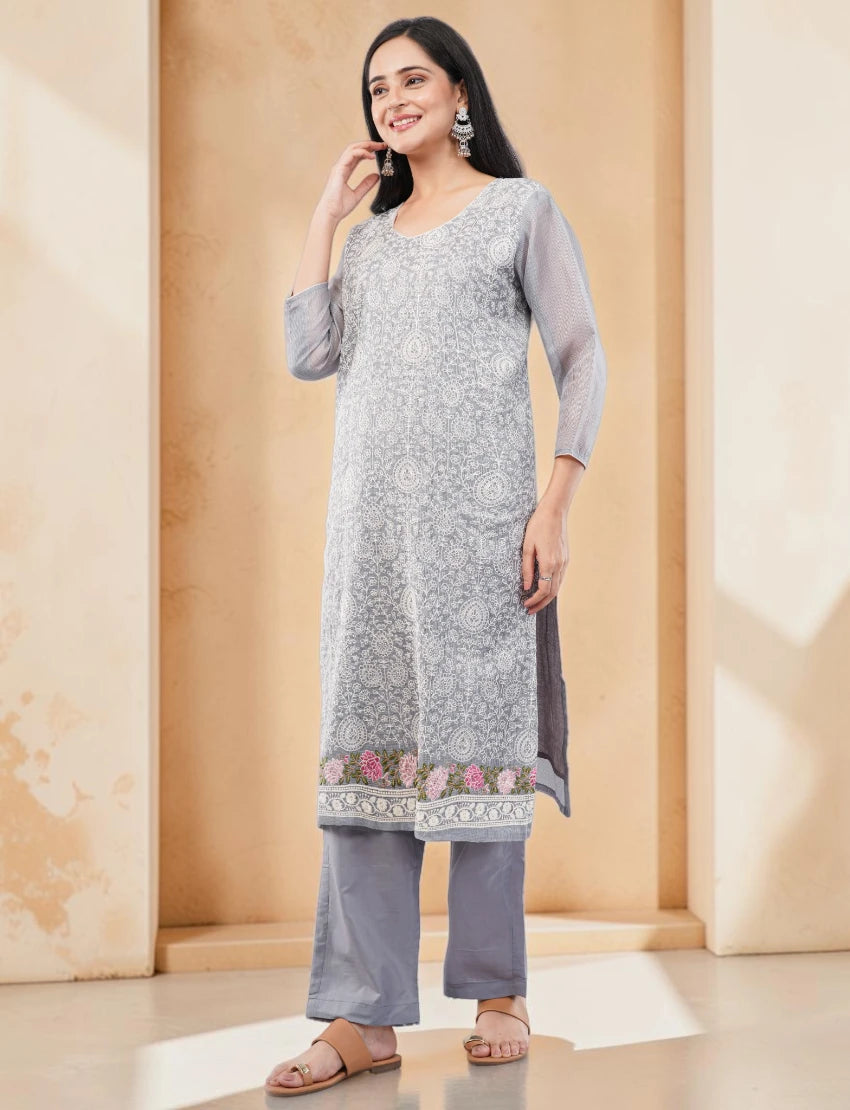 GREY SALWAR SUIT SET WITH FLORAL BORDER DESIGN