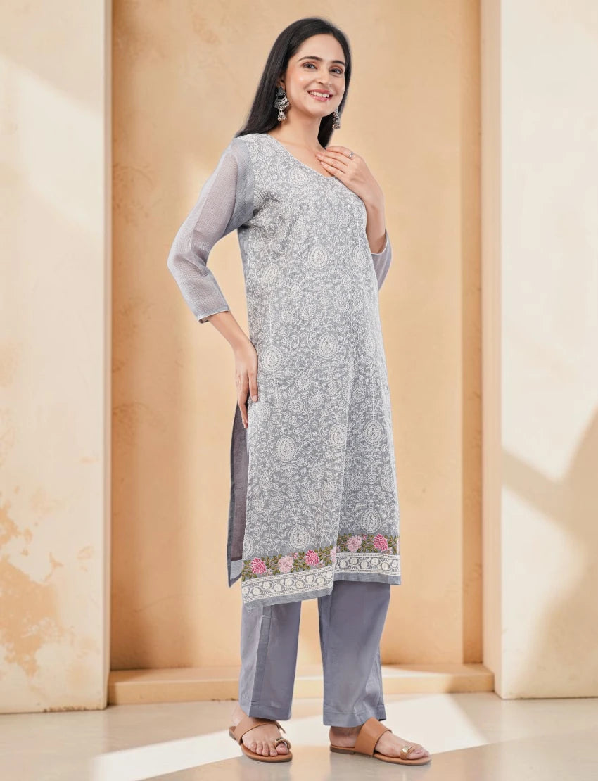 GREY SALWAR SUIT SET WITH FLORAL BORDER DESIGN