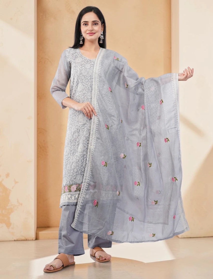 GREY SALWAR SUIT SET WITH FLORAL BORDER DESIGN