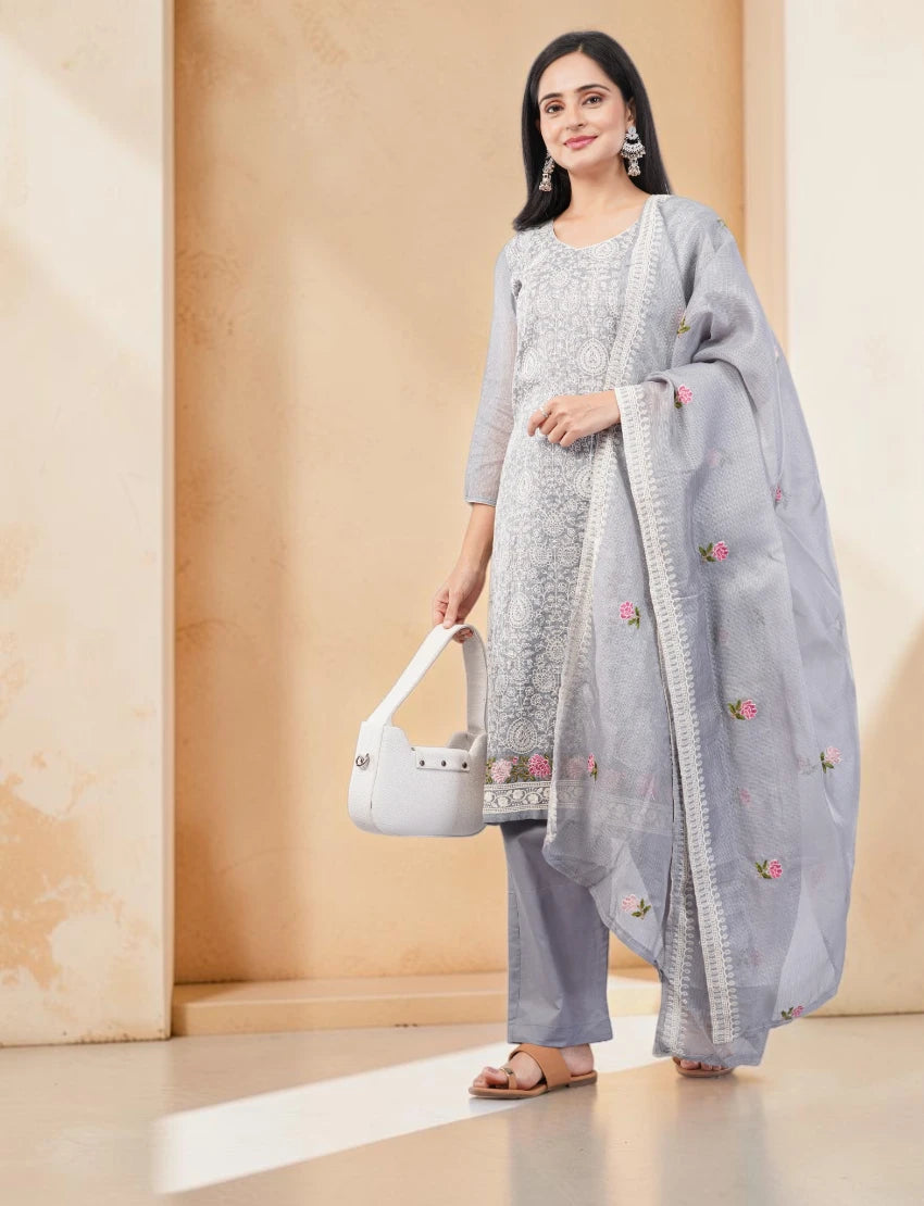GREY SALWAR SUIT SET WITH FLORAL BORDER DESIGN