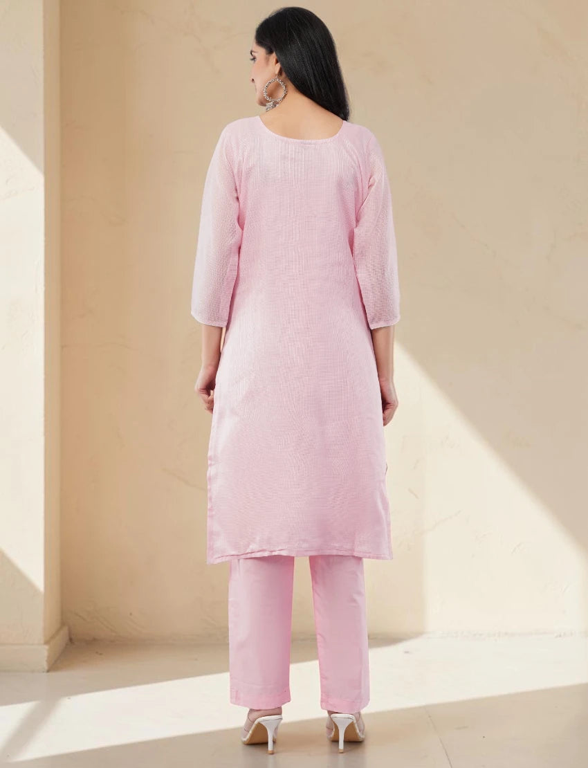 PINK COTTON BLEND SALWAR SUIT SET WITH FLORAL PRINT