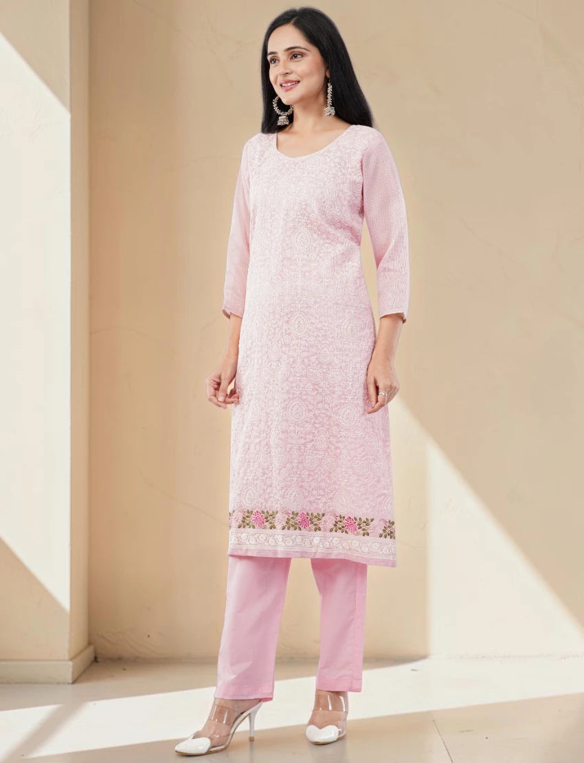 PINK COTTON BLEND SALWAR SUIT SET WITH FLORAL PRINT