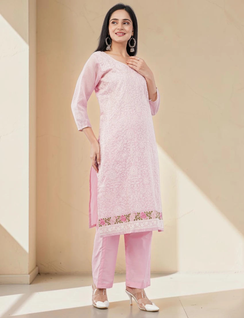 PINK COTTON BLEND SALWAR SUIT SET WITH FLORAL PRINT