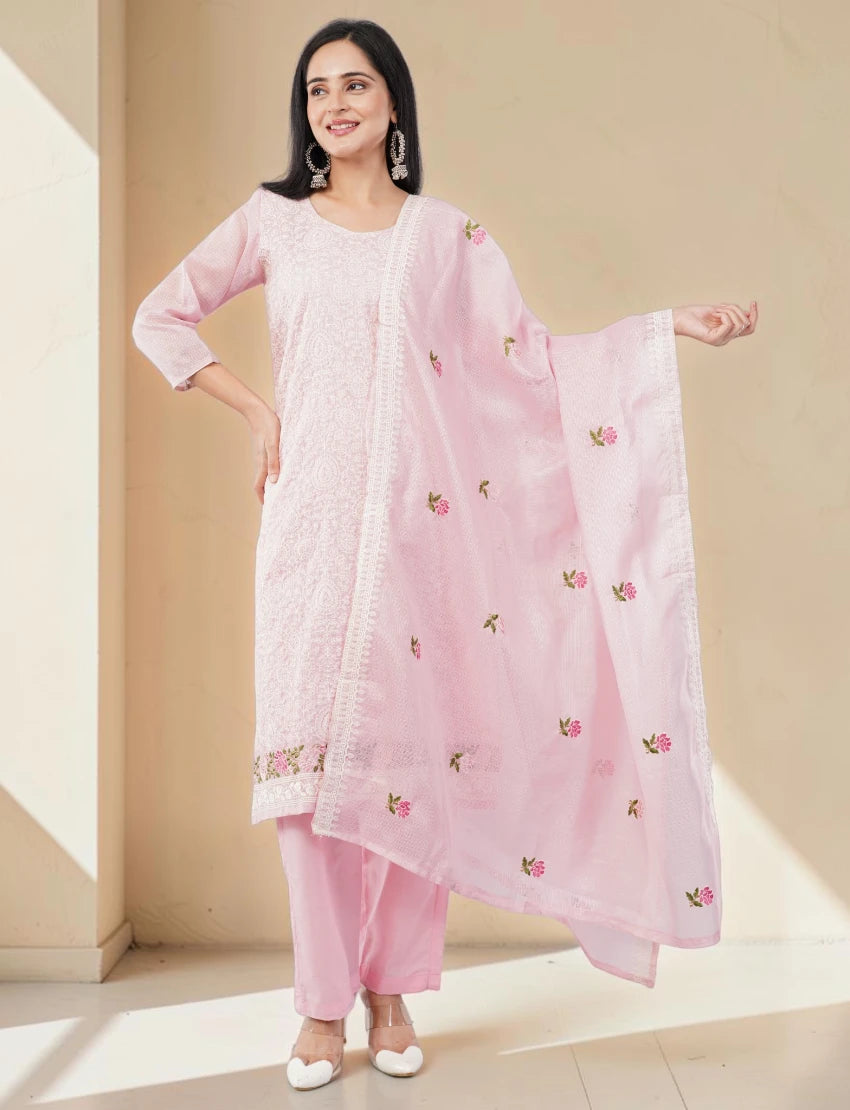 PINK COTTON BLEND SALWAR SUIT SET WITH FLORAL PRINT