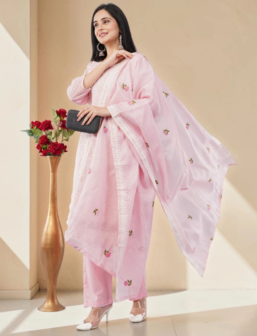 PINK COTTON BLEND SALWAR SUIT SET WITH FLORAL PRINT