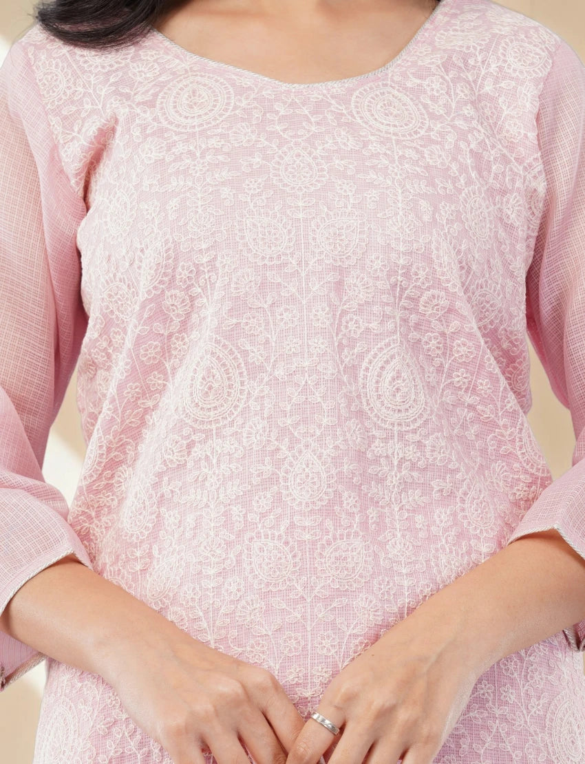 PINK COTTON BLEND SALWAR SUIT SET WITH FLORAL PRINT