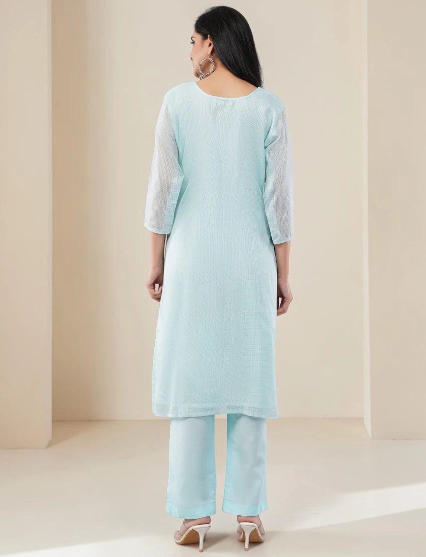 LIGHT BLUE COTTON SALWAR SUIT SET WITH FLORAL DESIGN