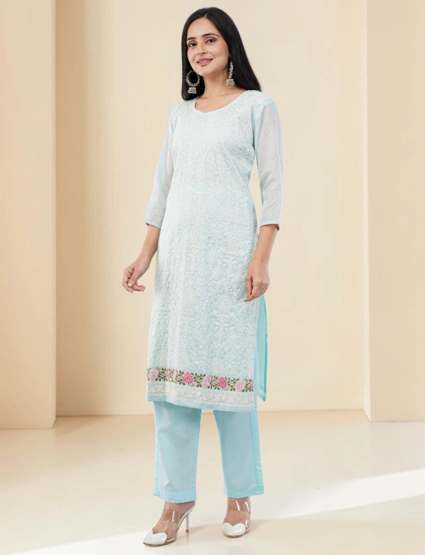 LIGHT BLUE COTTON SALWAR SUIT SET WITH FLORAL DESIGN