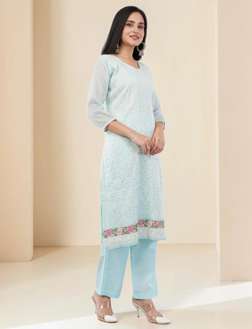 LIGHT BLUE COTTON SALWAR SUIT SET WITH FLORAL DESIGN