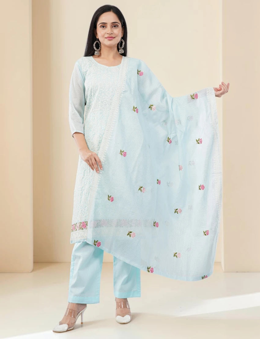 LIGHT BLUE COTTON SALWAR SUIT SET WITH FLORAL DESIGN