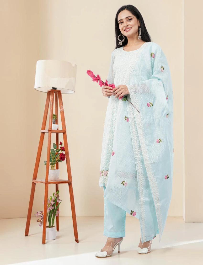 LIGHT BLUE COTTON SALWAR SUIT SET WITH FLORAL DESIGN