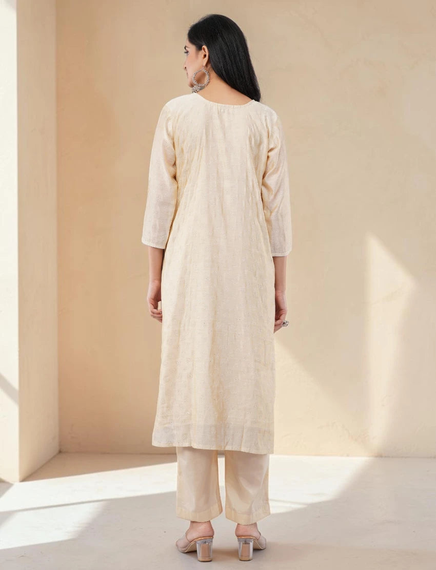 ELEGANT SILK BLEND CREAM SALWAR SUIT SET WITH LACE BORDER
