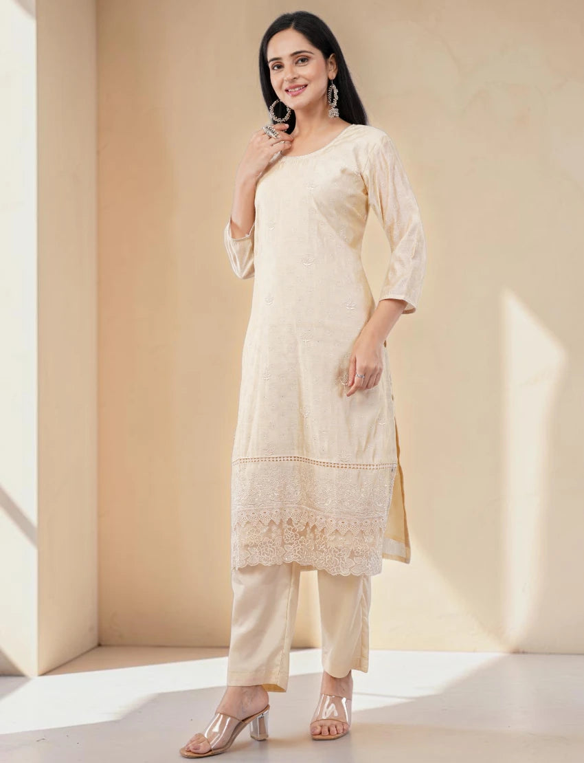 ELEGANT SILK BLEND CREAM SALWAR SUIT SET WITH LACE BORDER