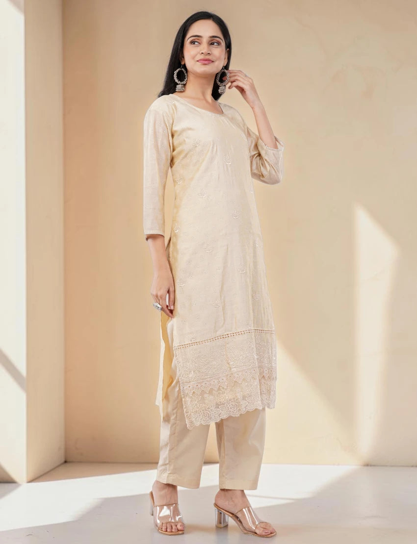 ELEGANT SILK BLEND CREAM SALWAR SUIT SET WITH LACE BORDER