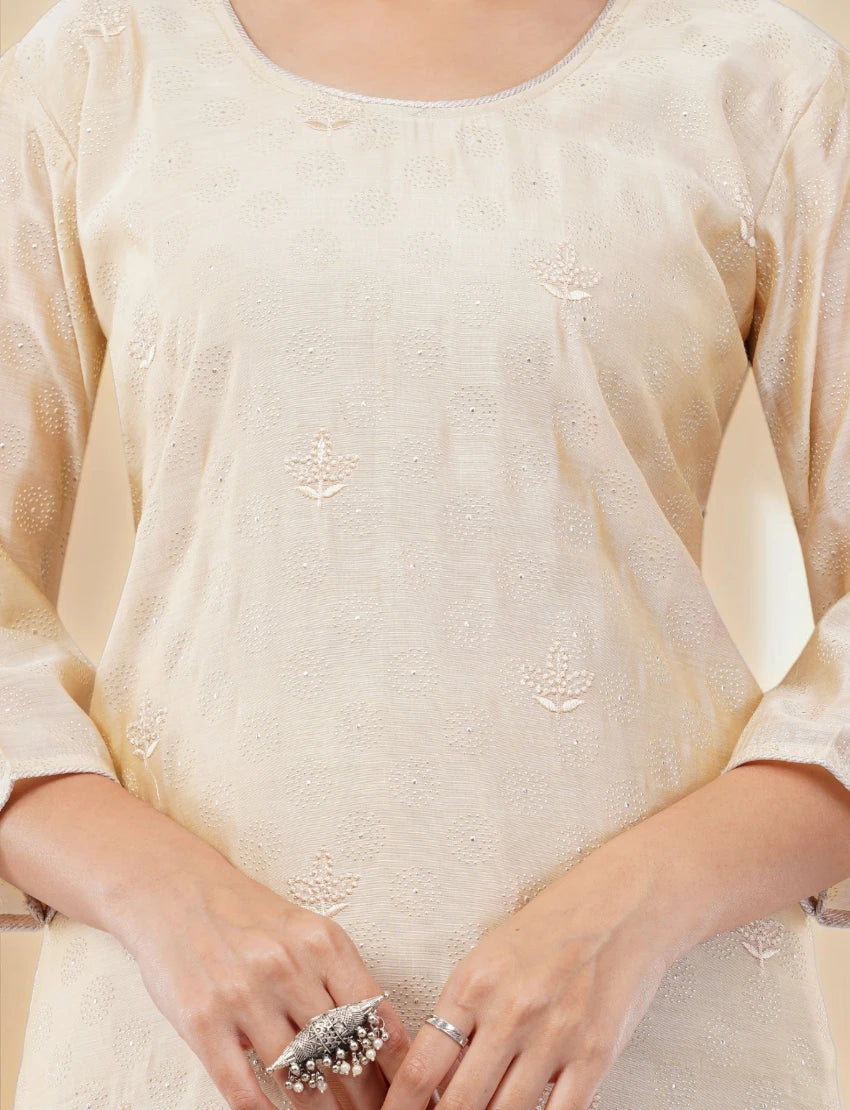 ELEGANT SILK BLEND CREAM SALWAR SUIT SET WITH LACE BORDER