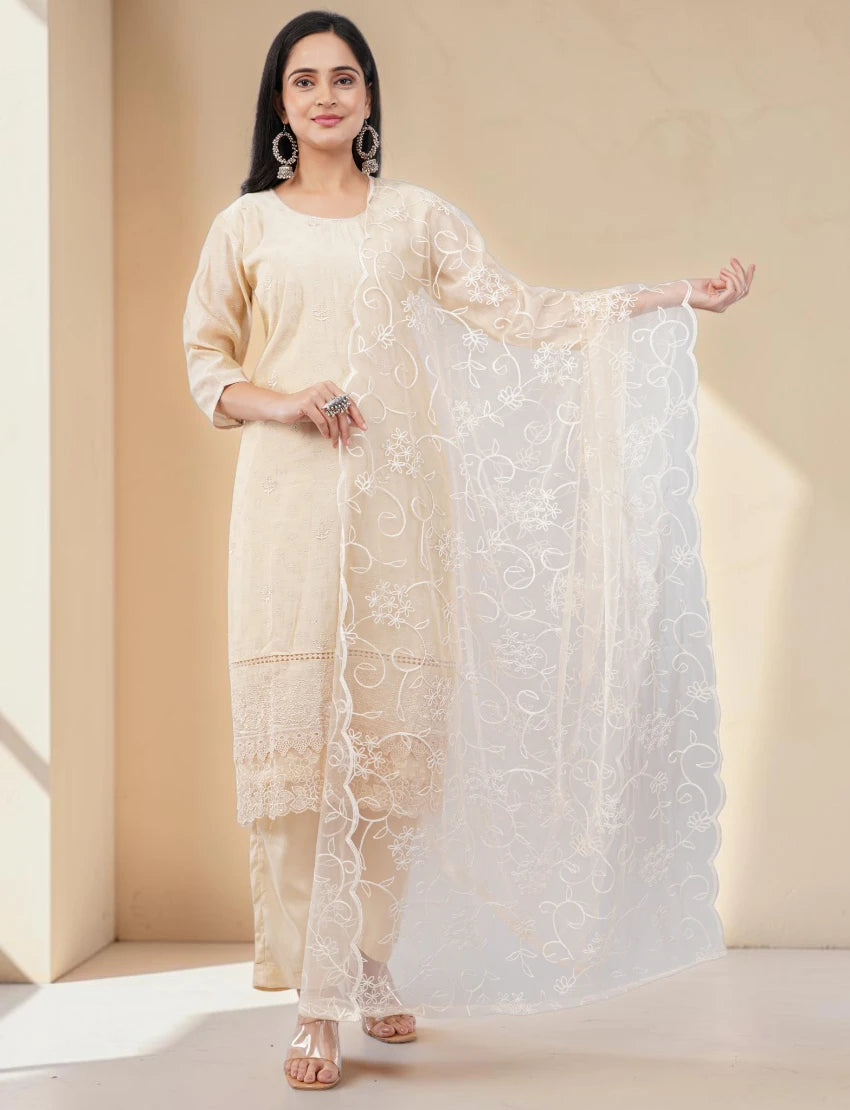 ELEGANT SILK BLEND CREAM SALWAR SUIT SET WITH LACE BORDER