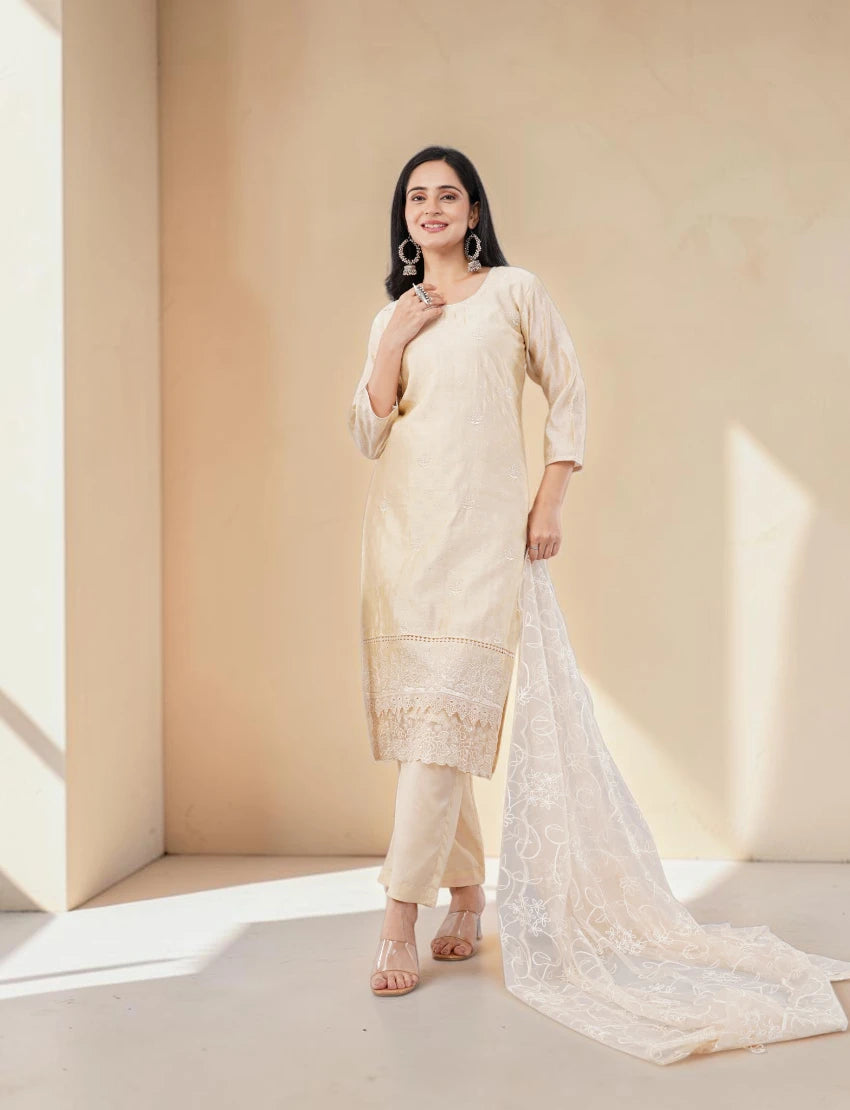 ELEGANT SILK BLEND CREAM SALWAR SUIT SET WITH LACE BORDER