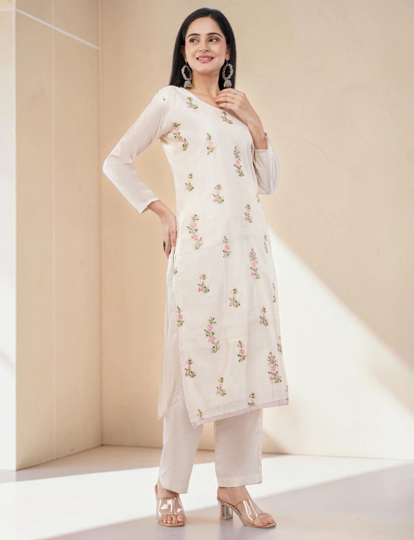 WHITE COTTON SALWAR SUIT SET WITH FLORAL PRINT