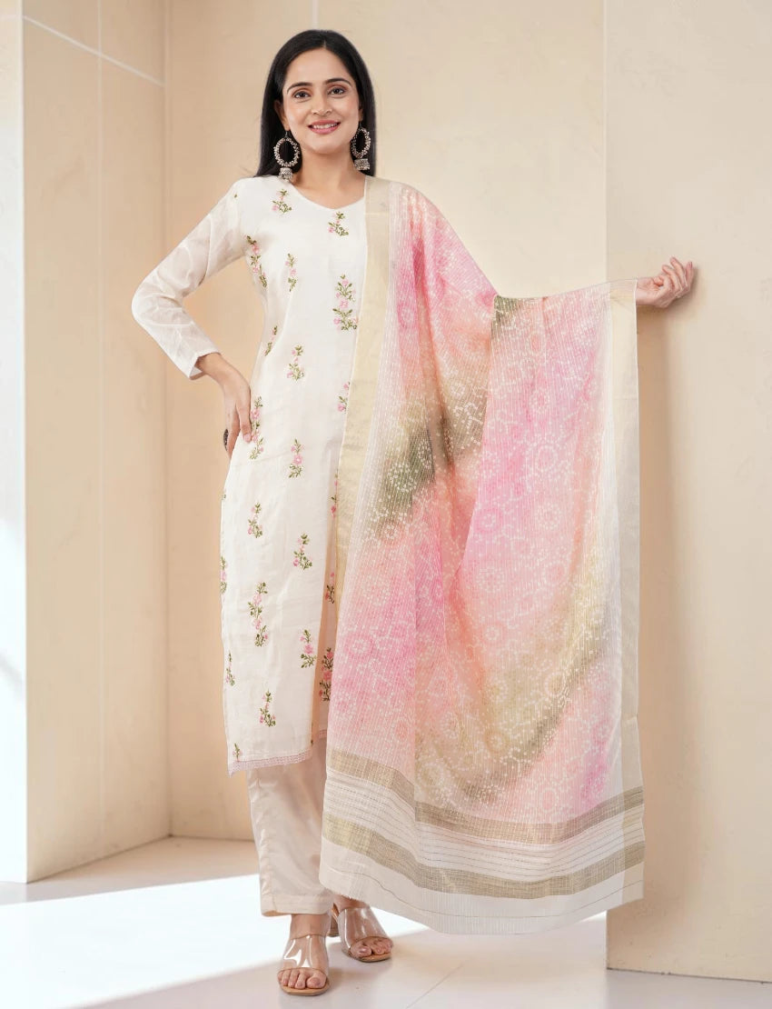WHITE COTTON SALWAR SUIT SET WITH FLORAL PRINT