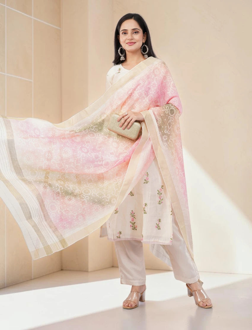 WHITE COTTON SALWAR SUIT SET WITH FLORAL PRINT