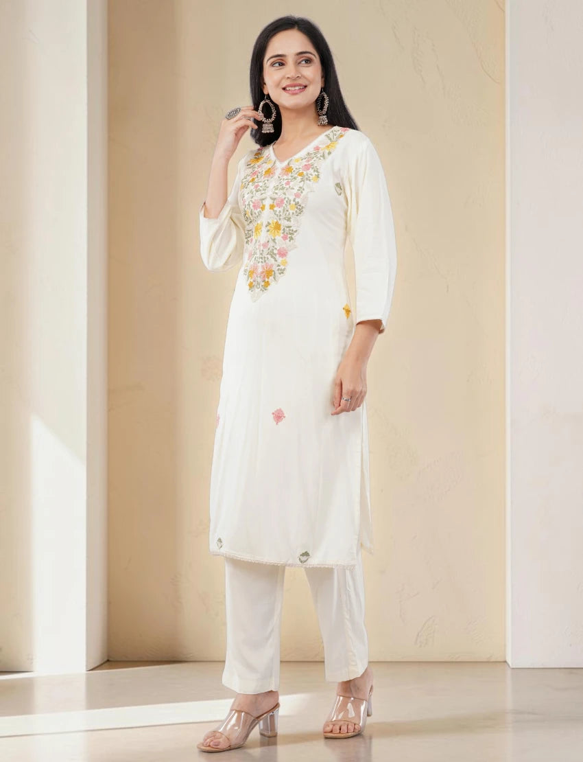 WHITE FLORAL EMBROIDERED COTTON SALWAR SUIT SET