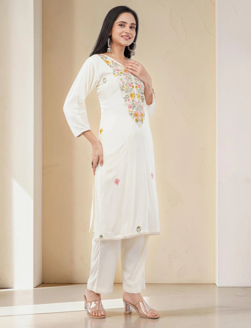 WHITE FLORAL EMBROIDERED COTTON SALWAR SUIT SET