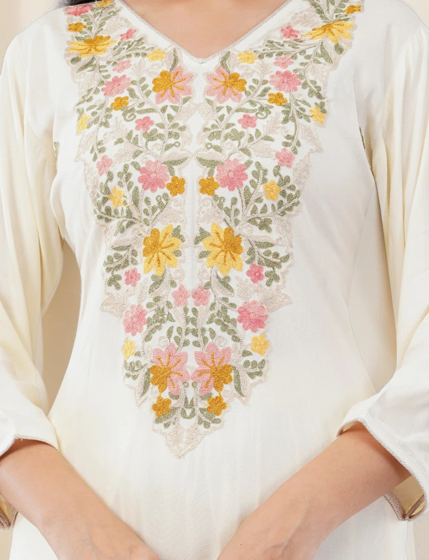 WHITE FLORAL EMBROIDERED COTTON SALWAR SUIT SET