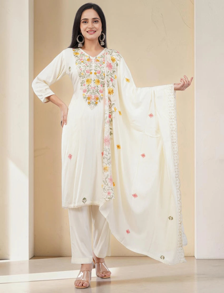 WHITE FLORAL EMBROIDERED COTTON SALWAR SUIT SET