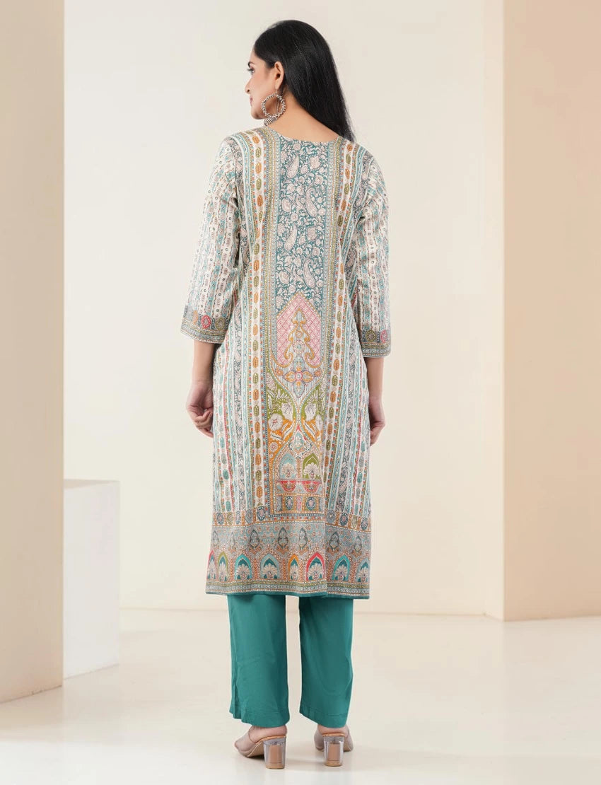 TURQUOISE GREEN PRINTED SILK BLEND SALWAR SUIT SET