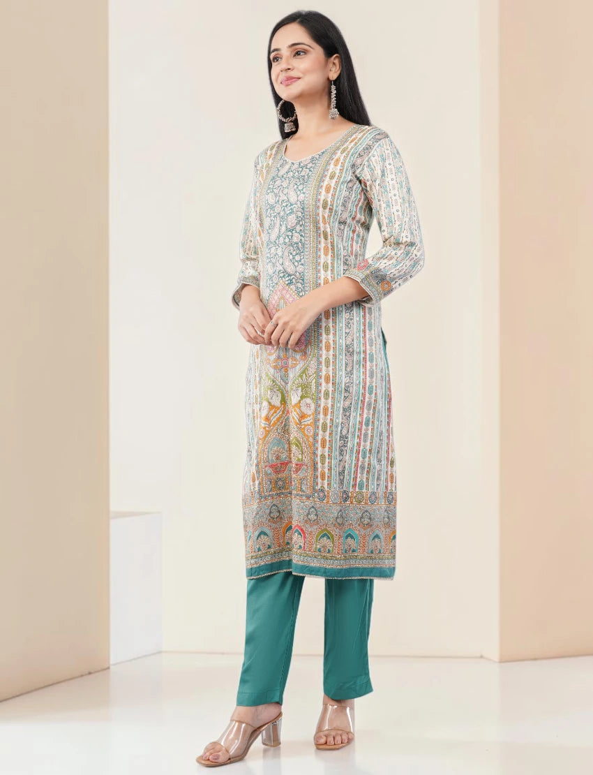 TURQUOISE GREEN PRINTED SILK BLEND SALWAR SUIT SET