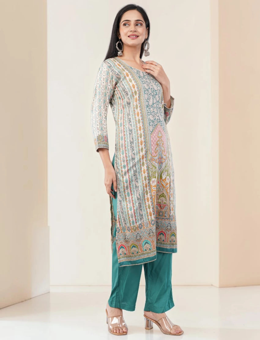 TURQUOISE GREEN PRINTED SILK BLEND SALWAR SUIT SET