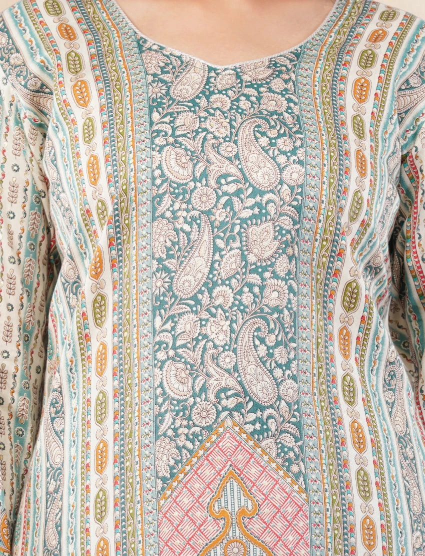 TURQUOISE GREEN PRINTED SILK BLEND SALWAR SUIT SET