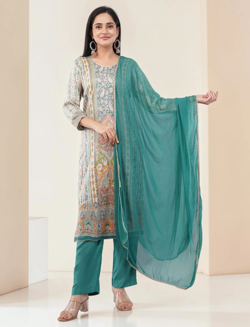 TURQUOISE GREEN PRINTED SILK BLEND SALWAR SUIT SET