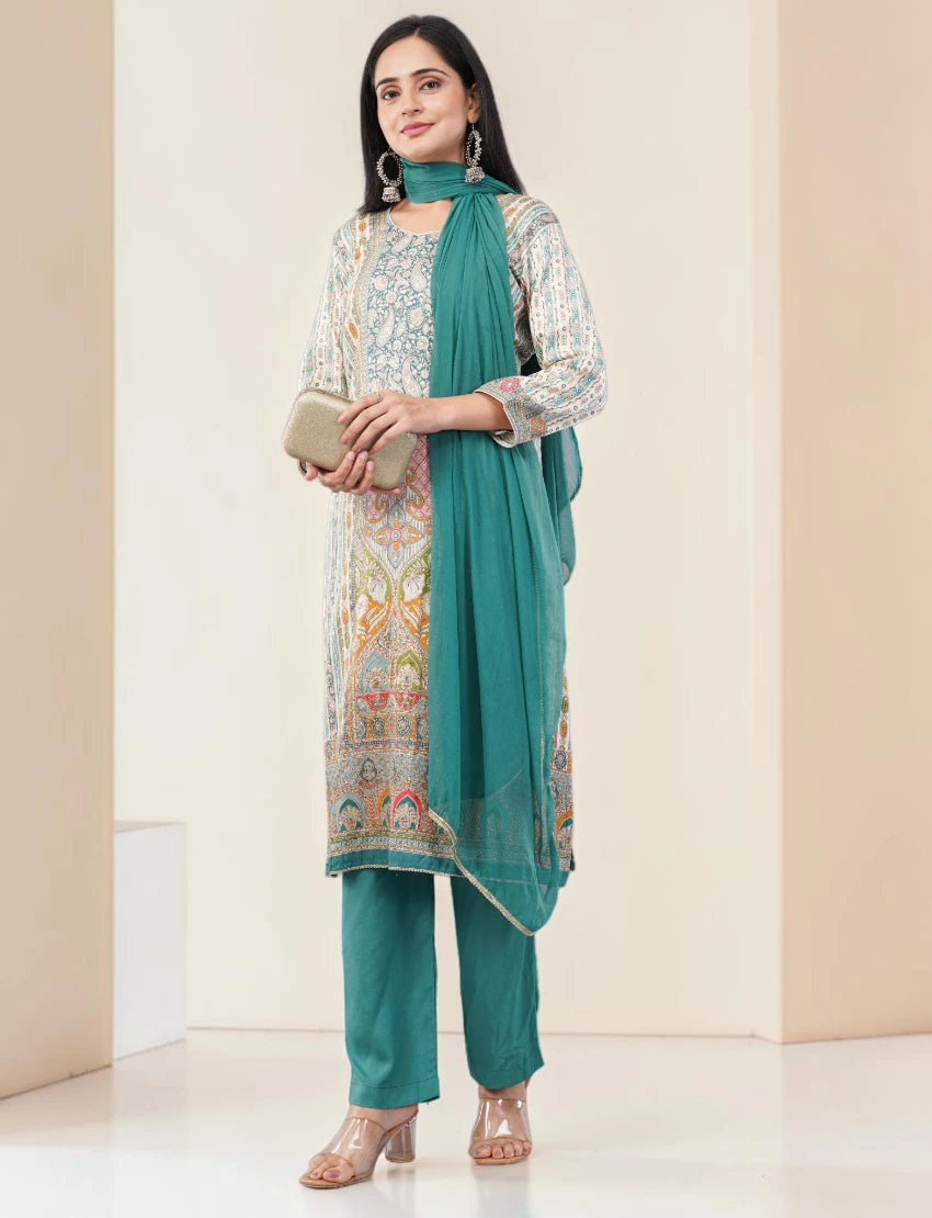 TURQUOISE GREEN PRINTED SILK BLEND SALWAR SUIT SET