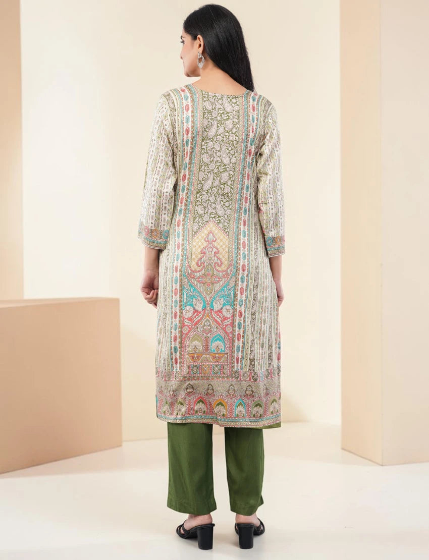 GREEN PRINTED SILK BLEND SALWAR SUIT SET - PAISLEY PATTERN