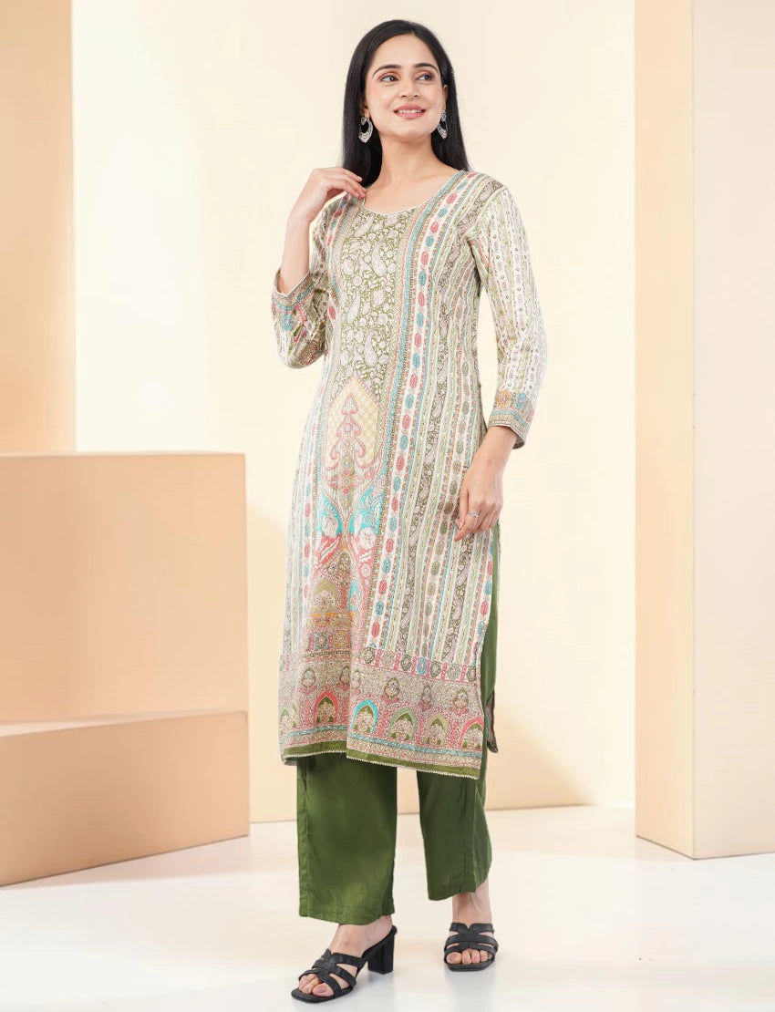 GREEN PRINTED SILK BLEND SALWAR SUIT SET - PAISLEY PATTERN