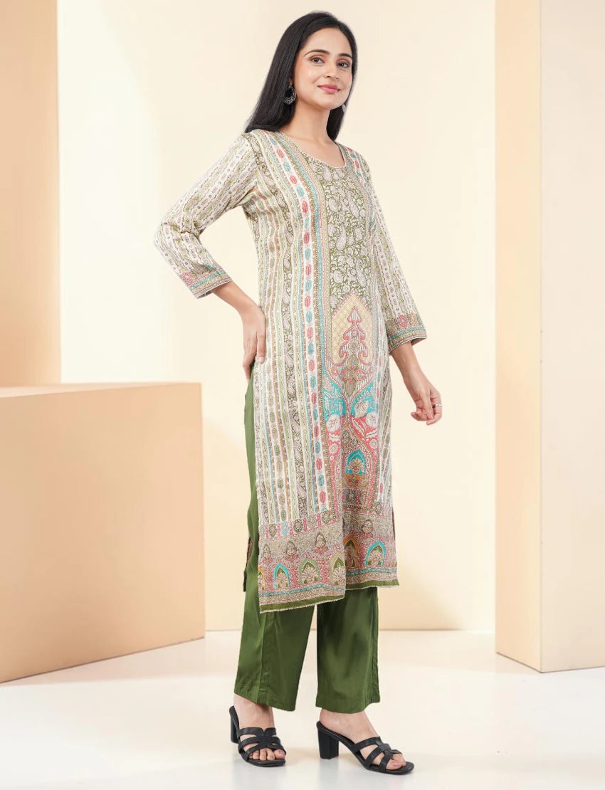 GREEN PRINTED SILK BLEND SALWAR SUIT SET - PAISLEY PATTERN