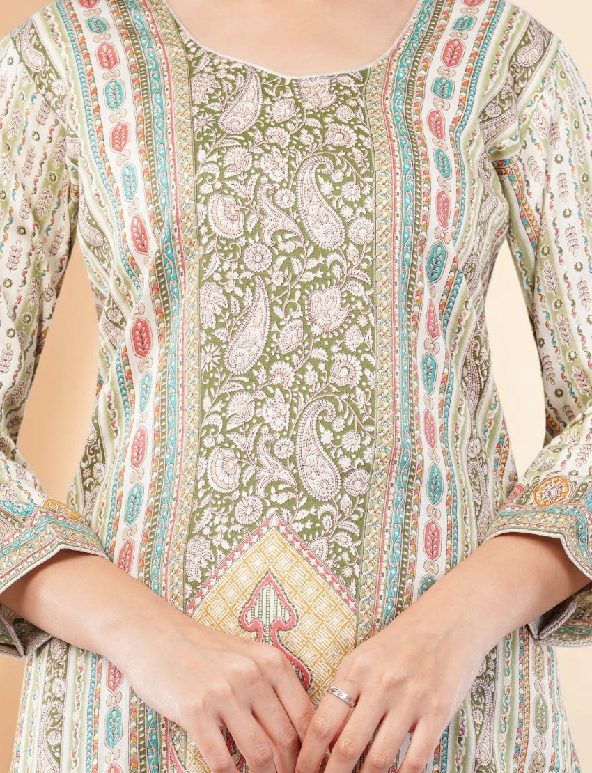 GREEN PRINTED SILK BLEND SALWAR SUIT SET - PAISLEY PATTERN