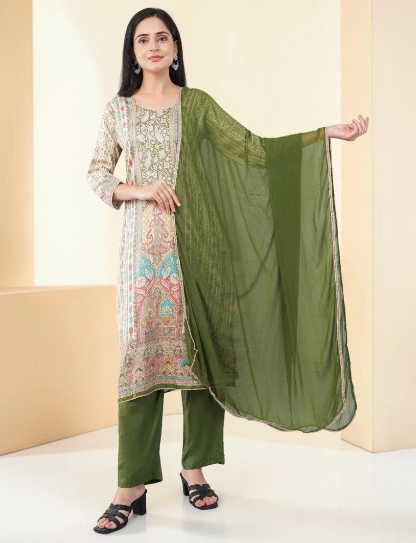 GREEN PRINTED SILK BLEND SALWAR SUIT SET - PAISLEY PATTERN