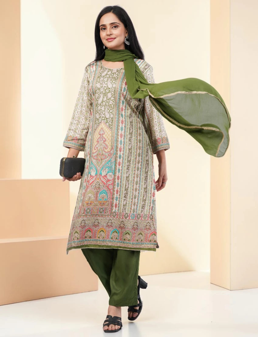 GREEN PRINTED SILK BLEND SALWAR SUIT SET - PAISLEY PATTERN