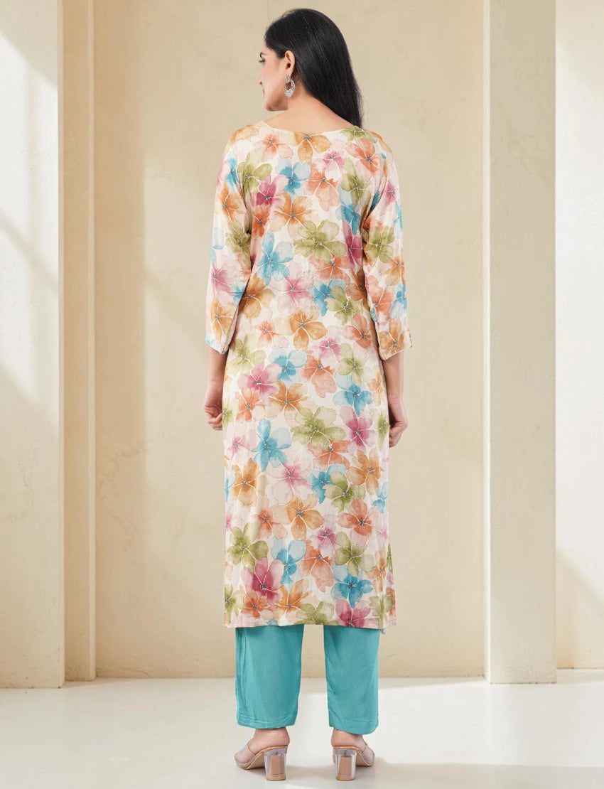 TURQUOISE FLORAL PRINT COTTON SALWAR SUIT SET