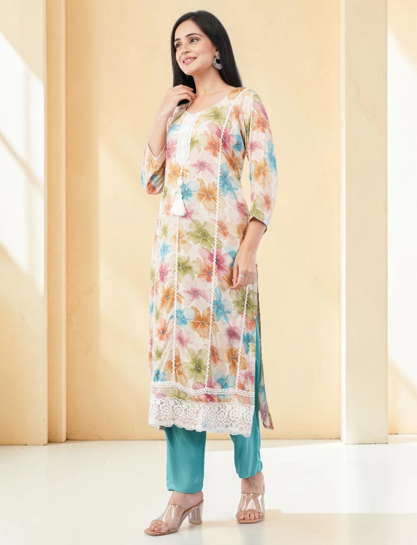 TURQUOISE FLORAL PRINT COTTON SALWAR SUIT SET
