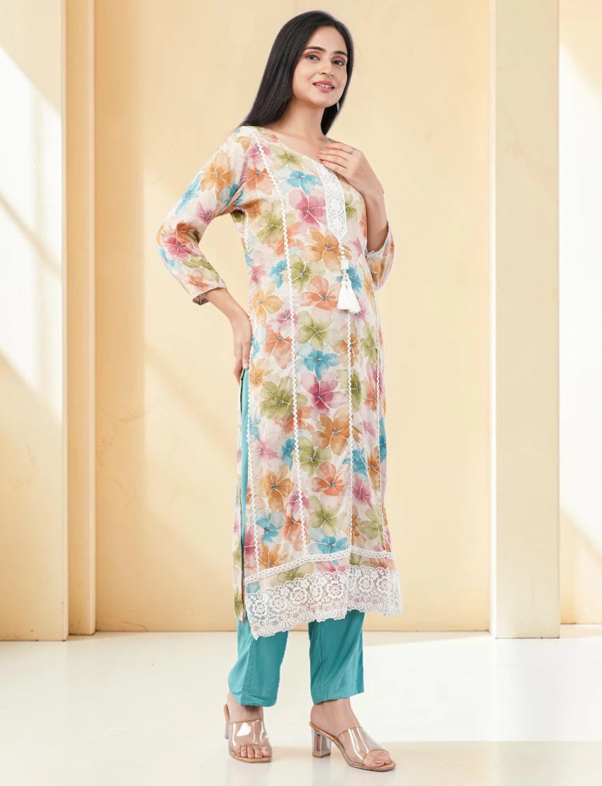 TURQUOISE FLORAL PRINT COTTON SALWAR SUIT SET