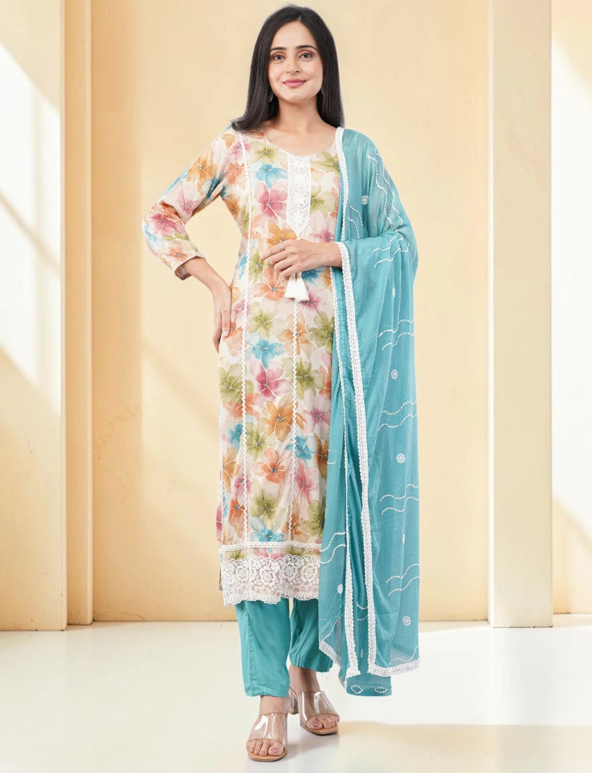 TURQUOISE FLORAL PRINT COTTON SALWAR SUIT SET